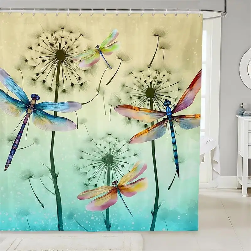 Floral Dragonfly Shower Curtains Butterfly Dandelion Purple Flowers Watercolour Art Polyester Bathroom Curtain Decor With Hooks