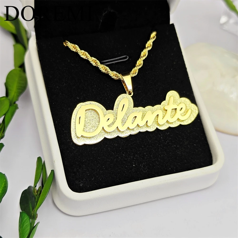 

DOREMI Custom Double Layer Name Necklace Stainless Steel Raised Letter Design with Frosted Background Personalized Name Necklace