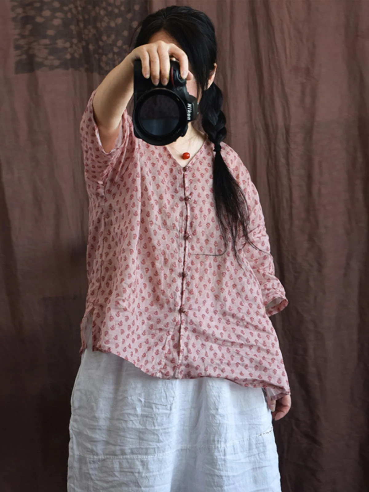 

Pure Flax ort Sve Хлопок и лен с принтом irt V Ne Retro Sle Свободный крой Открытый кардиган Защита от солнца Five Sve irt