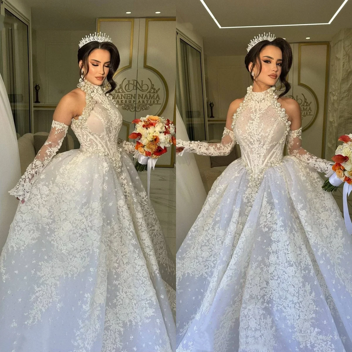 

Винтажные свадебные платья с аппликацией и жемчугом, свадебные бальные платья с лямкой на шее, кружево принцессы со шлейфом, индивидуальные платья Vestidos De Novia