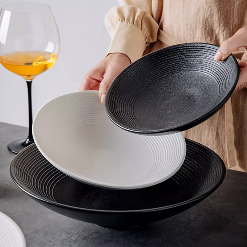 Black and White Ceramic Plate, Soup Plate, Household Noodle Bowl, Frosted Striped Bamboo Hat Bowl, Salad Bowl, Kitchenware