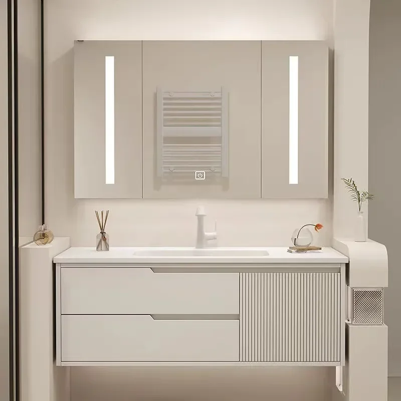 Light Luxury Oak Paint Bathroom Cabinet with Rock Slab Seamless Integrated Basin and Smart Mirror Cabinet Combination