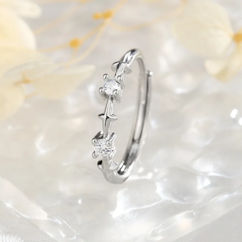 

925 Sterling Silver Chic Geometric Star Zircon Adjustable Opening Ring for Women Fine Jewelry Minimalist Accessories