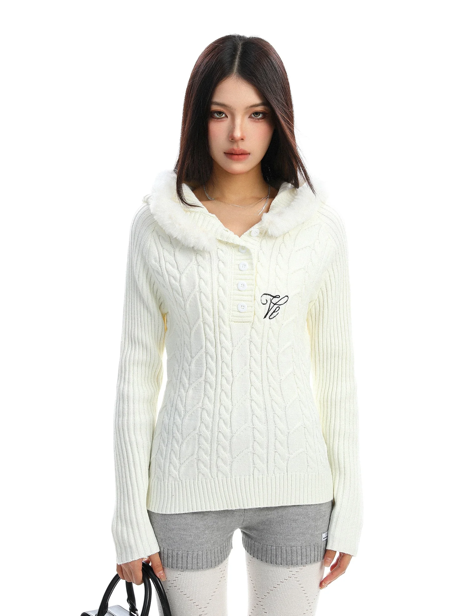 

Korean Sle Soft Embroidered Fur Collar Knitted Sweater Women's Autumn Waist-Cinching Slimming Top with Hat Twist Pattern