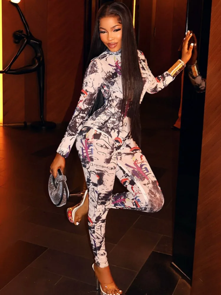 

Retro Jumpsuit Women Sexy Slim Fit Flower Print Long Sleeve Tight Leggings Round Neck Versatile Casual Wear Autumn Fashion