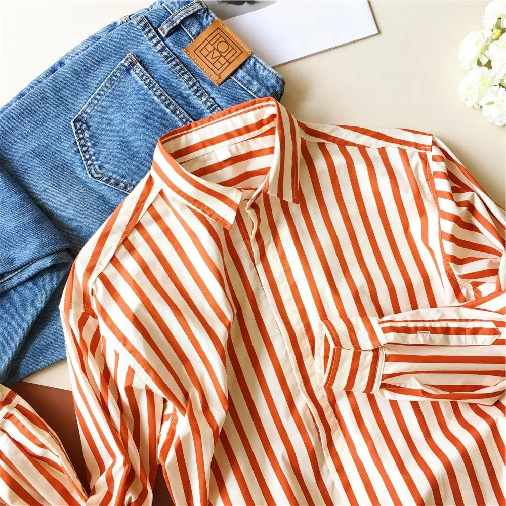 

Slim Fit Pure Cotton Orange Stripe irt Women's Faion Sun Protection Top Brand Button Tailored Single Piece Knot