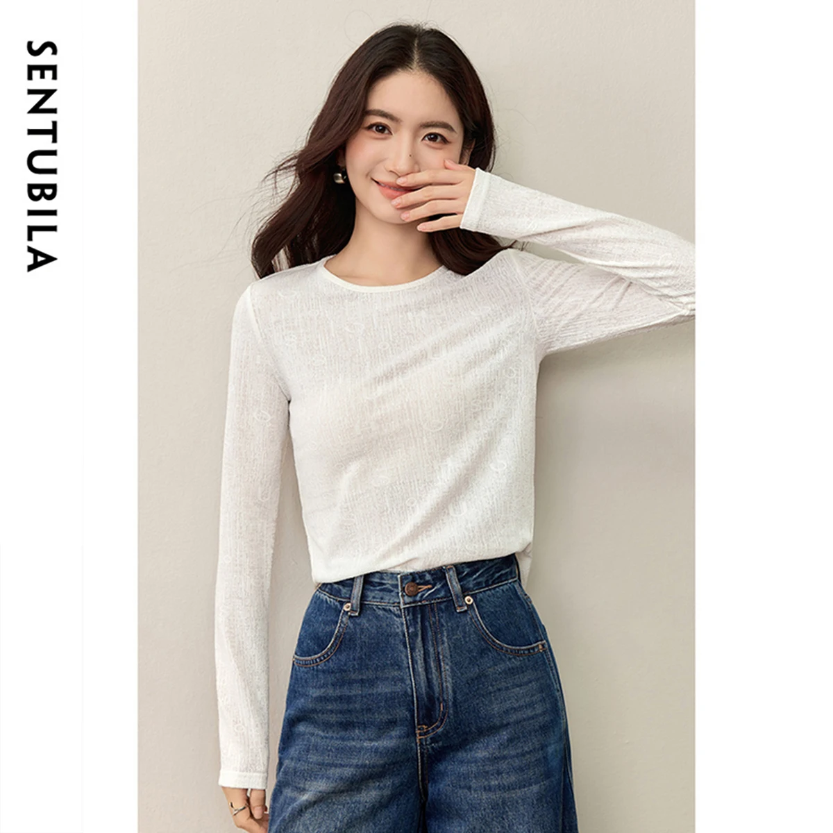 

SENTUBILA Long Sleeve Tees Autumn Elegant Lace O-Neck New Irregular Office Lady Top Straight Pullover 153SA2847