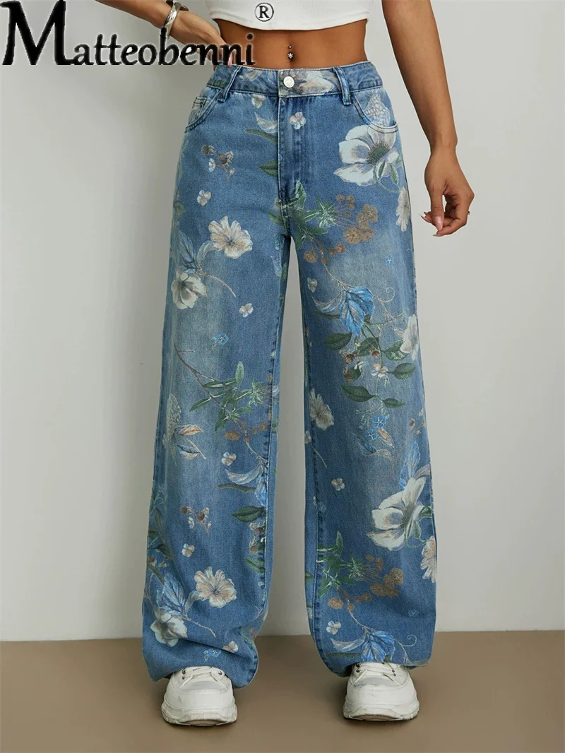 

Women Vintage American Style Denim Jeans New Printed Design Straight Pants Female Commuter Casual Loose Low Waist Baggy Trousers