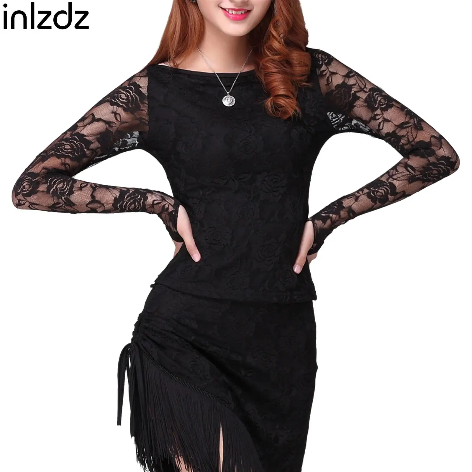 

Womens Rose Sheer Lace Modern Dance Blouse Long Sleeve Pullover Tops Slim Shirt for Latin Chacha Dance And Daily Casual Wear