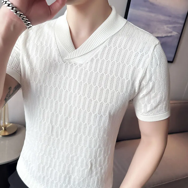 Summer Slim fit Fitness Stretch T-shirt Men Tee Tops Ice Silk Short Sleeve V-neck Knit Tee Shirt Mens Solid Color T Shirt S-3XL