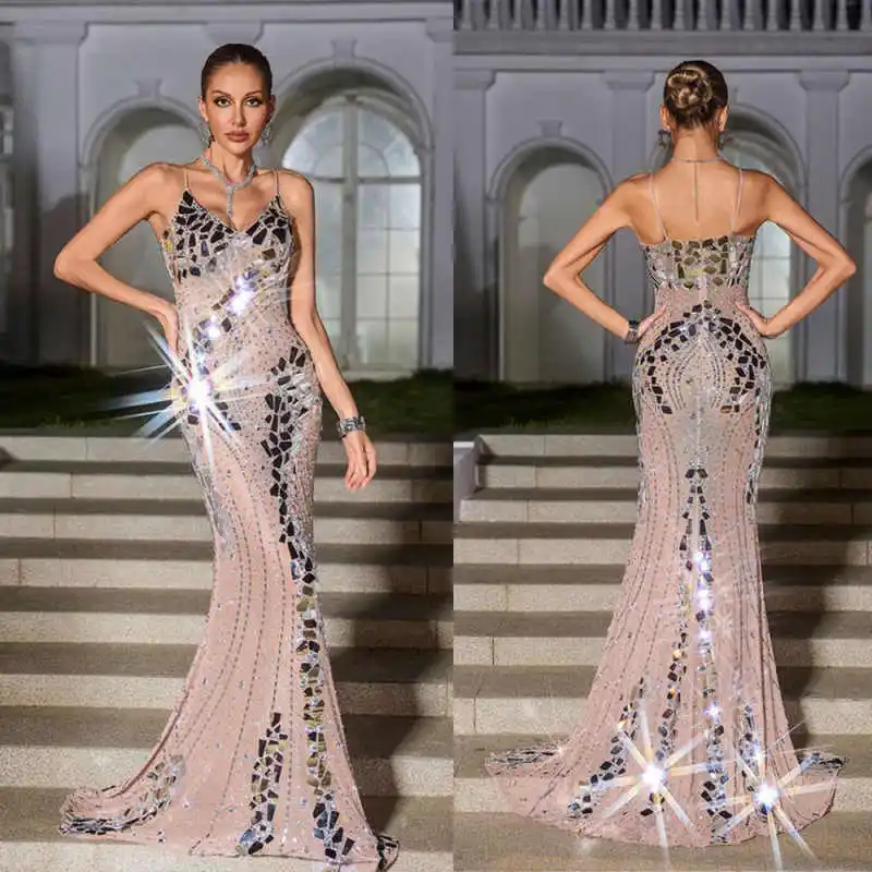 Vestido de noite sereia brilhante, alça espaguete, lantejoulas, vestidos de baile, luxuoso, cristal, até o chão, vestidos de festa personalizados