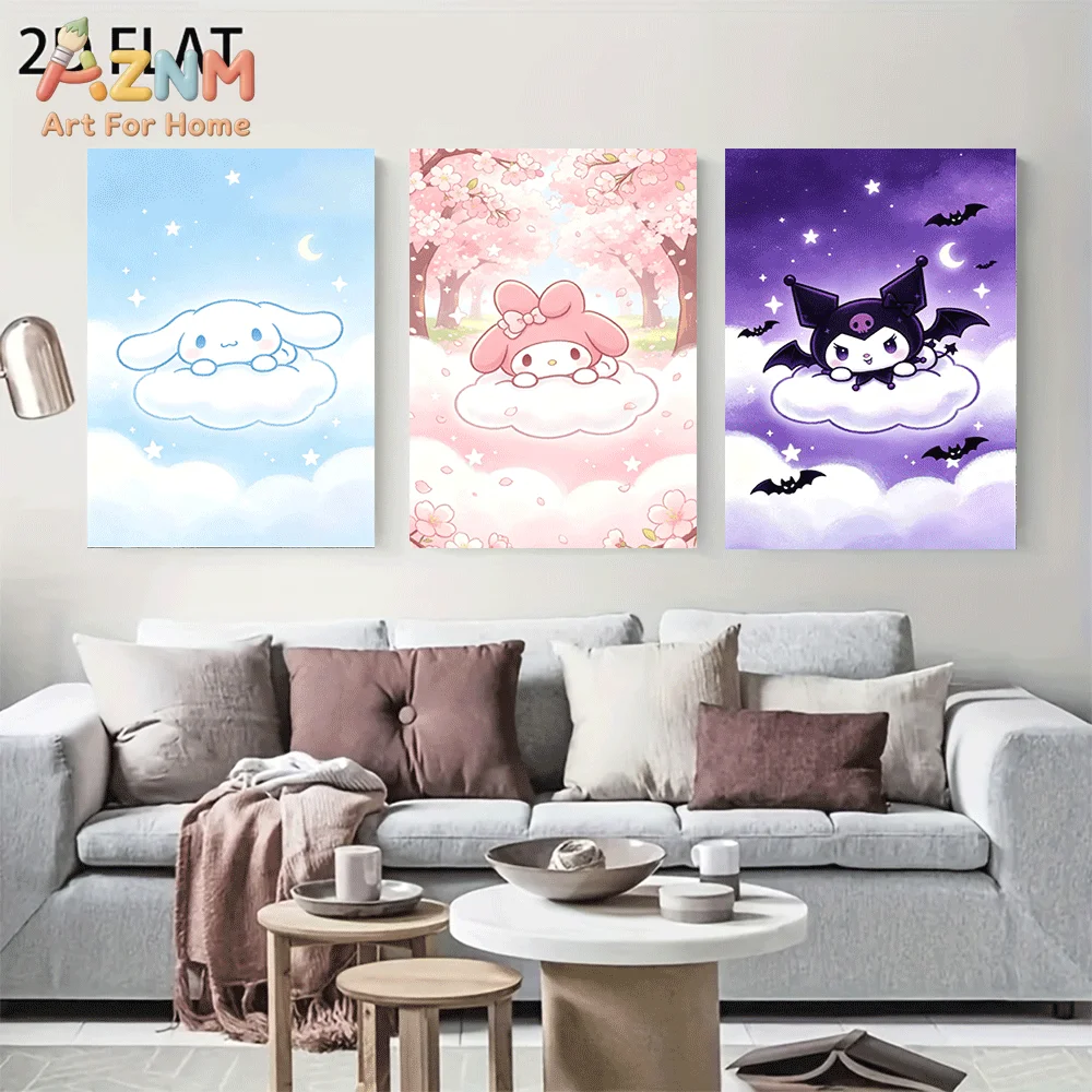 AZNM Sanrio Characters Canvas Wall Art Unframed Cute Cartoon Print Poster Cinnamoroll My Melody Kuromi Cloud Moon Star Cherry Bl