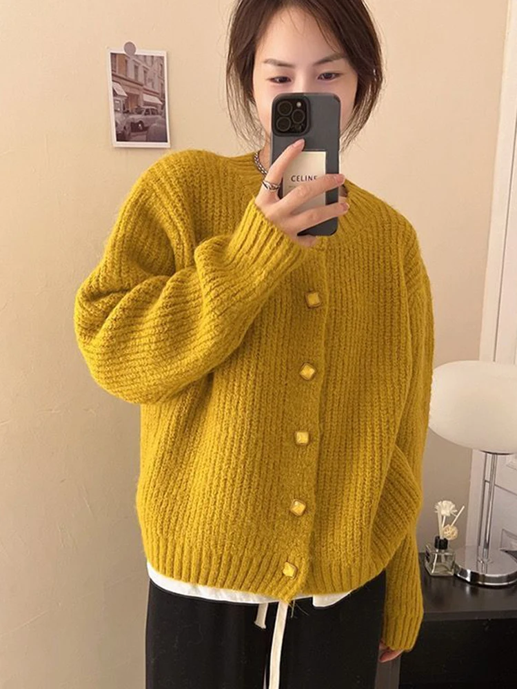 Zoki Women Korean Soft Cardigan Sweaters Casual Loose Long Sleeve Knitted Tops Sweet O Neck Single Breasted Female Yellow Coats