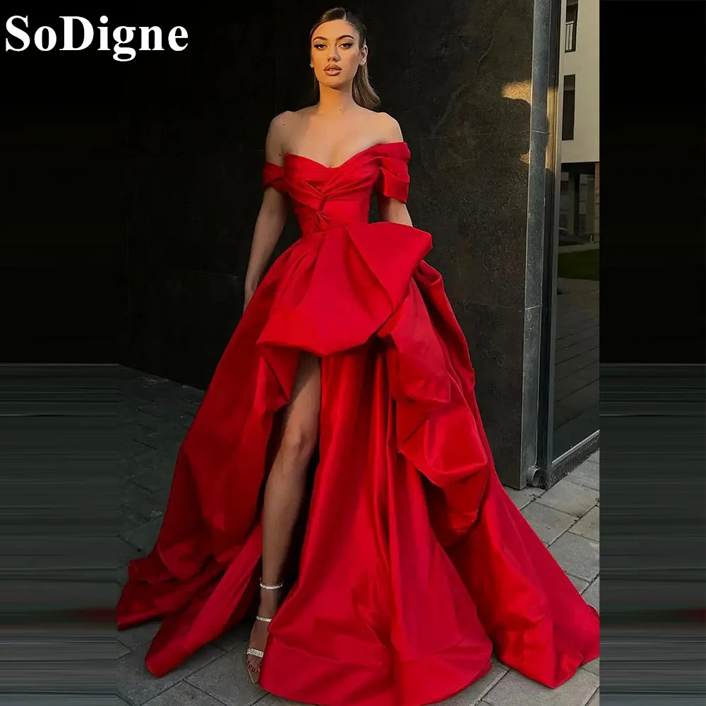 

SoDigne Sexy A-Line Off Shoulder Evening Dresses V-Neck Ruched High Slit 2024 Celebrity Party Prom Gown for Special Occasion