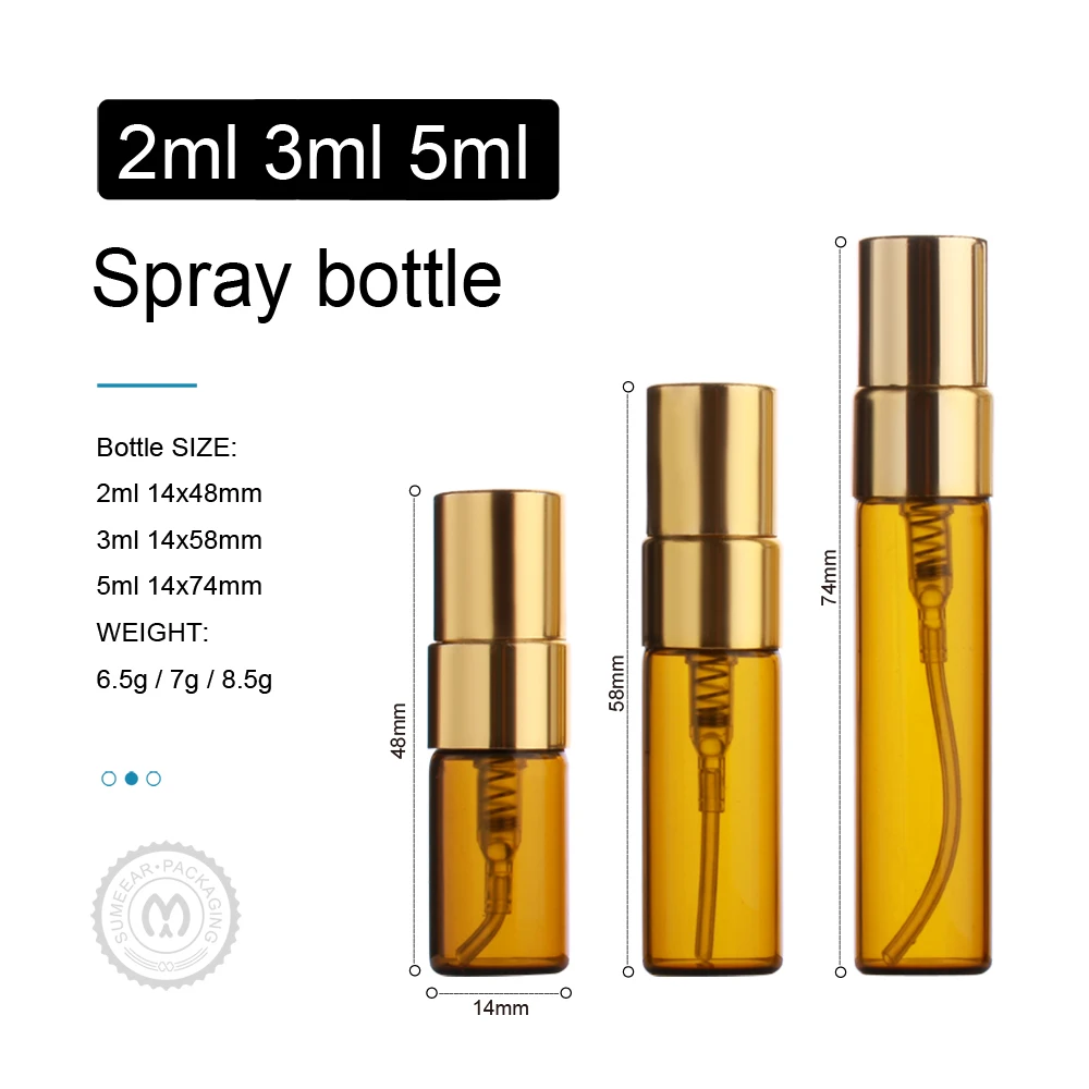 100 Pieces/Lot 2ml 3ml 5ml Refillable Amber Perfume Bottle Empty Spray Bottle Atomizer Cosmetic Container Travel