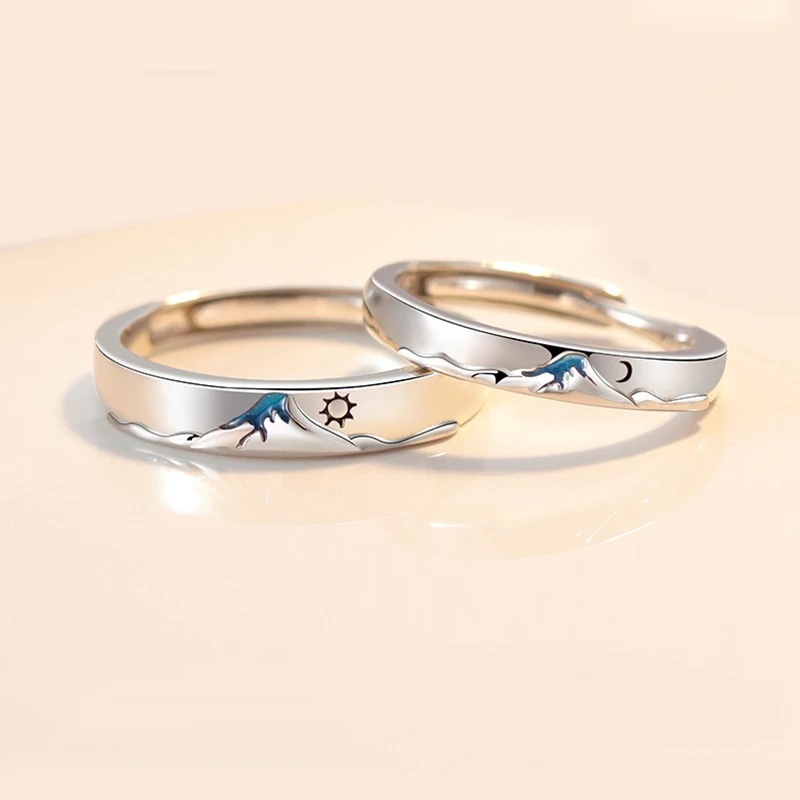 Romantic Sun Moon Couples Rings Blue Sea Enamel Women Men Lovers Rings Sweet Open Adjustable Anniversary Valentine's Day Jewelry