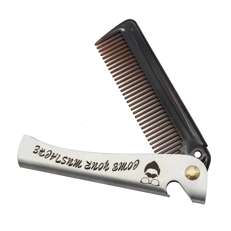 Metal Men Folding Pocket Comb Knife Shape PP Teeth Detangling Hair Beard Facial Comb Handle Foldable Combing Mustache Comb Tool