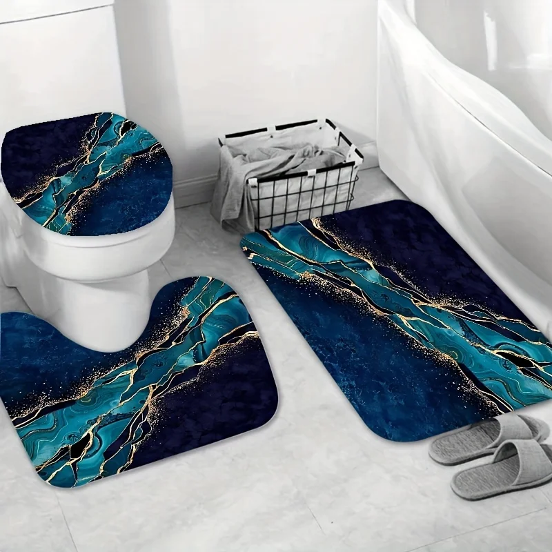 3-piece luxury marble pattern bathroom mat set-anti-slip contoured rug, soft toilet lid cover, elegant decor for stylish homes