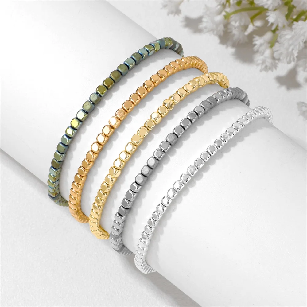 2mm Natural Hematite Beaded Bracelet Electroplated Small Square Beads Stretch Bracelet Women Men Energy Healing Stone Fashion