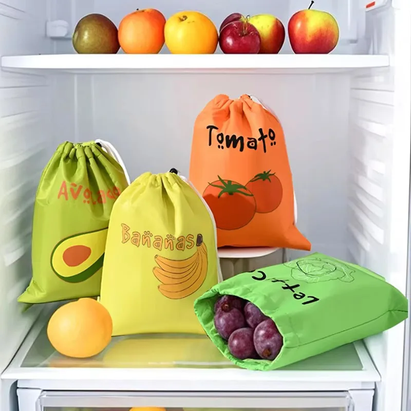 Fruit Vegetable Drawstring Storage Bag Reusable Polyester Produce Pouch Home Kitchen Organizer Sack