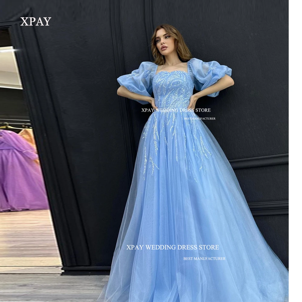 

XPAY Glitter Square Collar A-Line Evening Dresses Puff Sleeves Floor- Length Dubai Arabia Women Prom Gowns Formal Party Dress