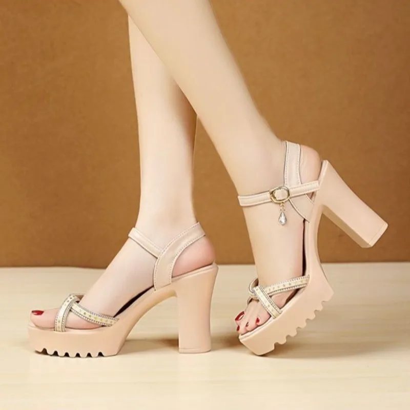 Women's High Heel Sandals with Chunky Platform New Summer Style One-Strap Thin Straps Combination Thick Sole Height Increase