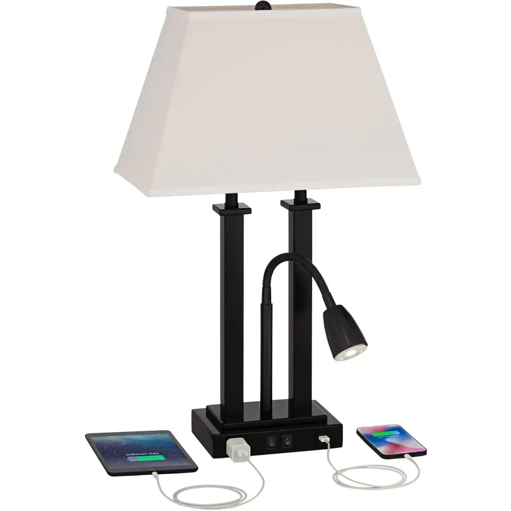 Lampe de bureau moderne à col de cygne, avec Port de chargement USB et prise, LED de 26 pouces de haut, abat-jour en tissu de lin et d'avoine en métal noir