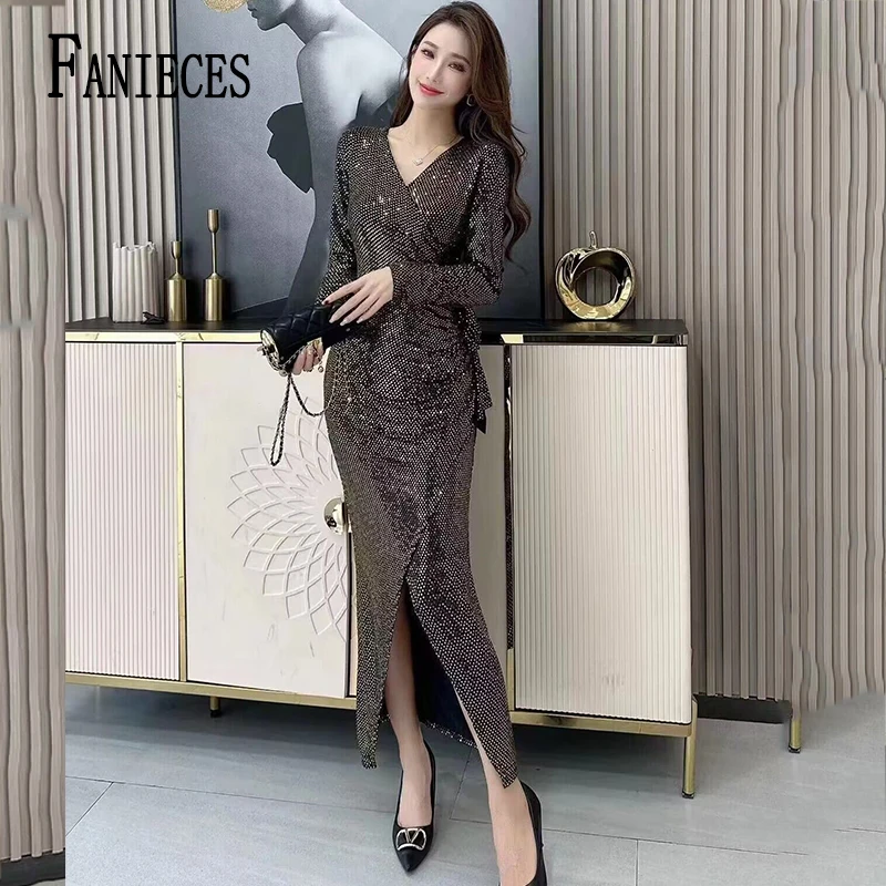 FANIECES vestido платье женское Sexy V-Neck Party Evening Dress Female 2024 New Spring Autumn Long Sleeves Skinny Maxi Dresses