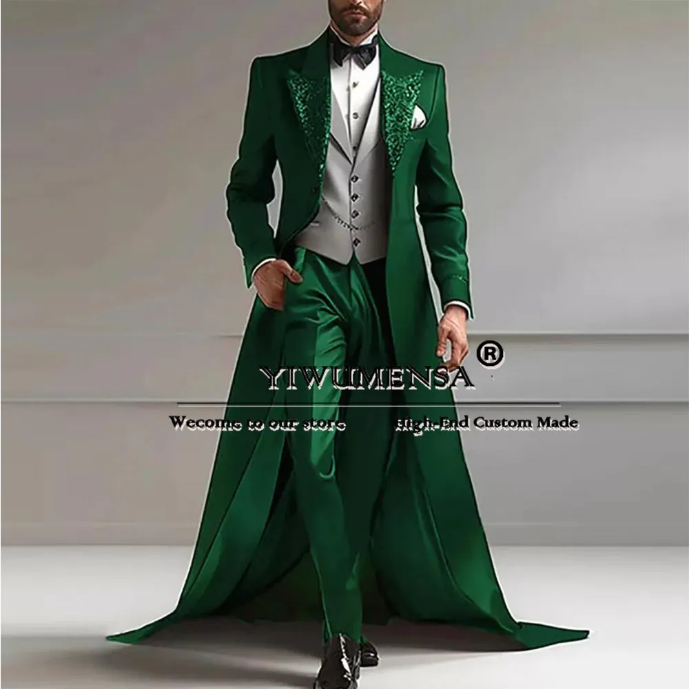 Business Men Suits Sparkly Sequins Peaked Lapel Long Tail Jacket Vest Pants 3 Pieces Groom Wear Wedding Tuxedo Tailored Clothing