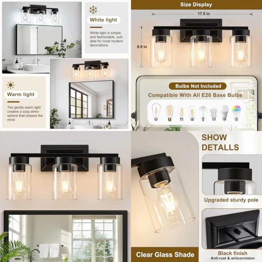 

Bathroom Lights Over Mirror, 3 Light Bathroom Light Fixtures with Clear Glass Shade Modern Vanity Lights Lighting for Bathroom,