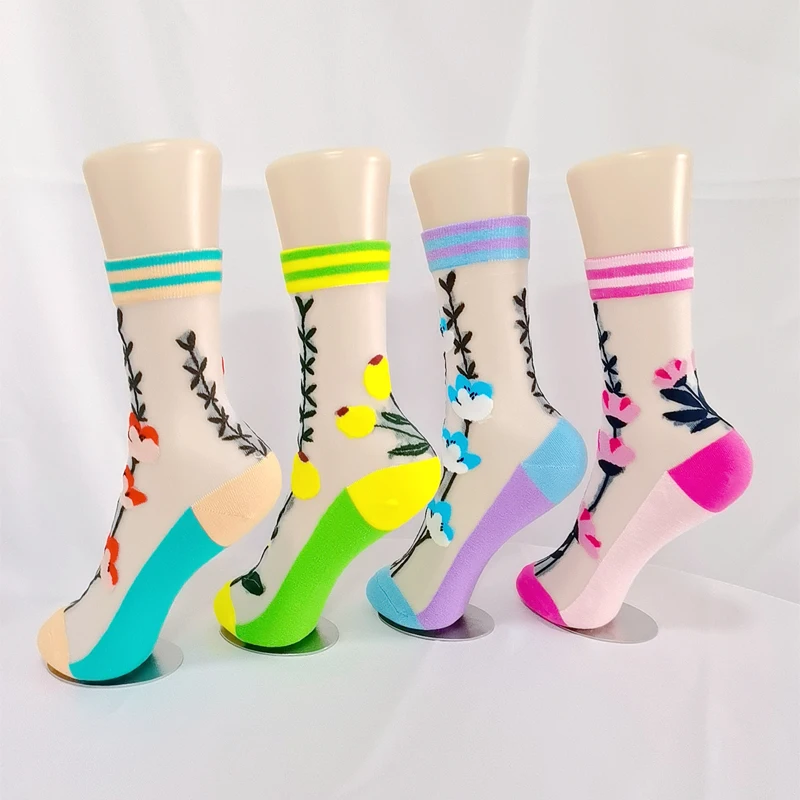 Cute Glass Silk Women\'s Socks Spring Summer Breathable Fashion Cartoon Literary Flower Socks Korean Fashion Harajuku Fun Socks