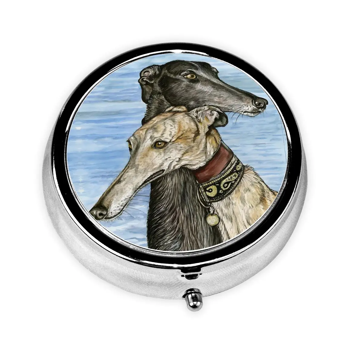 

Greyhound Pair Dog Metal Pill Box Mini Sighthound Animal 3-Compartment Pill Organizer Container Storage Box for Travel