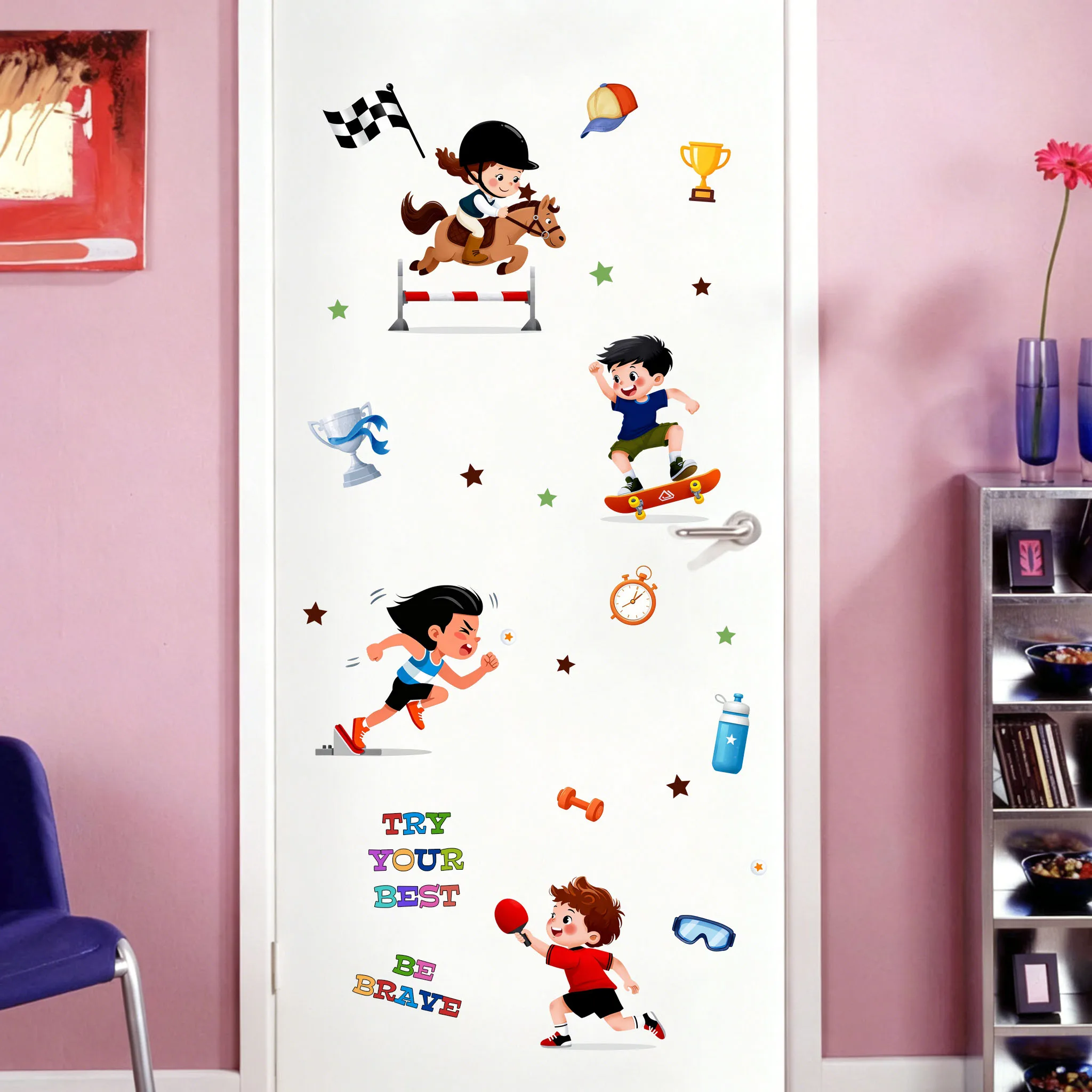Kids Sports Wall Stickers Cartoon Children Horse Riding Skateboard Running Ping Pong Motivational Quote Wall Decals Removable Be