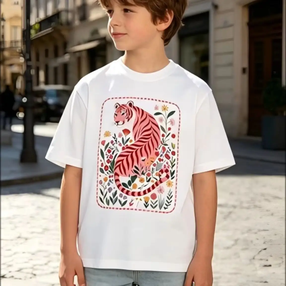 、Vintage Floral Tiger Graphic T‑Shirt, Aesthetic Wild Animal Flower Print Top, Bohemian Casual Crew Neck Tee, Trendy Art