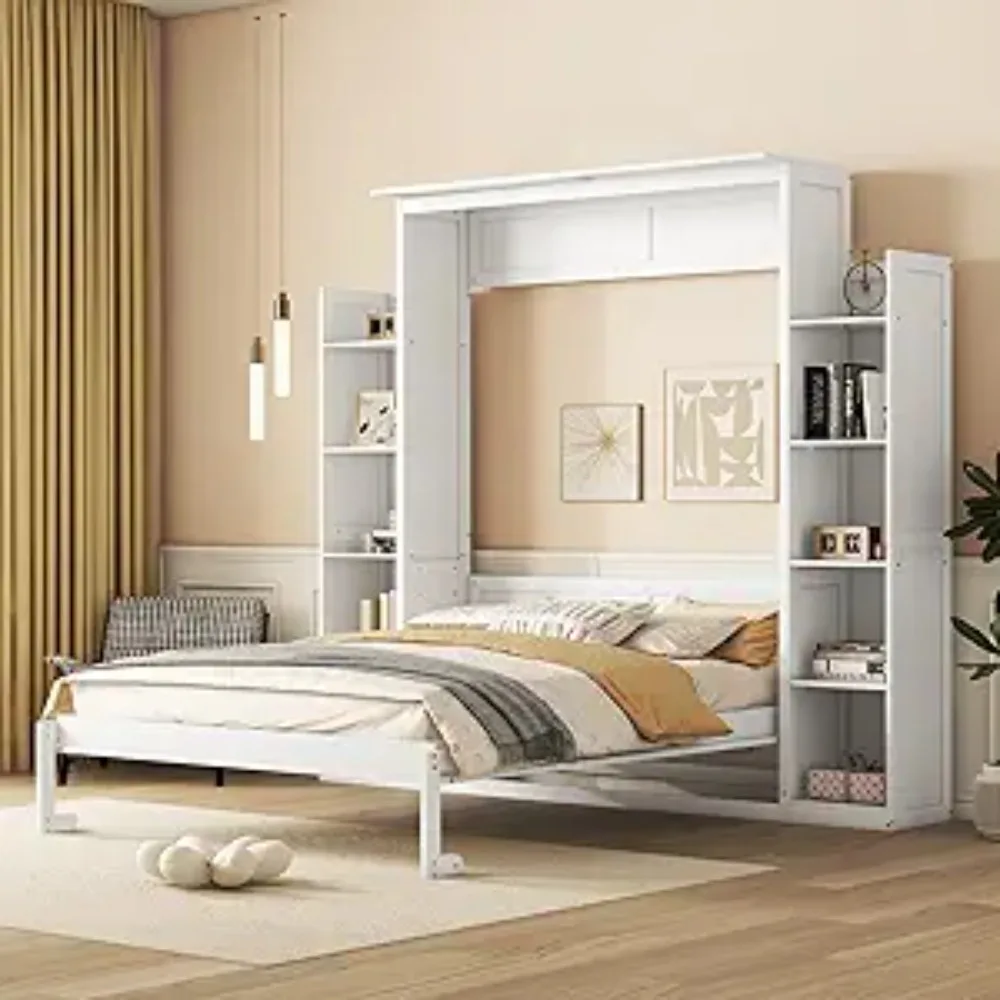 

Queen Size Murphy Bed Wall Bed with Shelves and LED Lights,Wood Wall Bed can be Folded into a Cabinet, Modern Foldable Frame