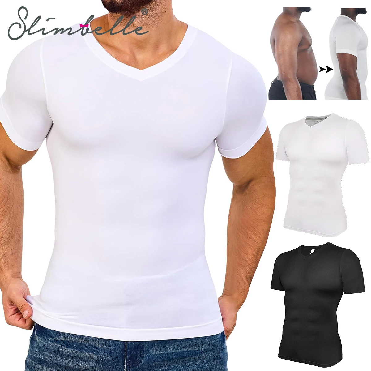 Men\'s Body Shaper Compression Tank Tops V-Neck Short Sleeved Slimming Undershirt Workout Abs Abdomen Tummy Control Shapewear