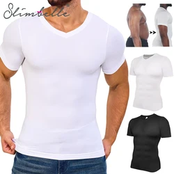 Men's Body Shaper Compression Tank Tops V-Neck Short Sleeved Slimming Undershirt Workout Abs Abdomen Tummy Control Shapewear