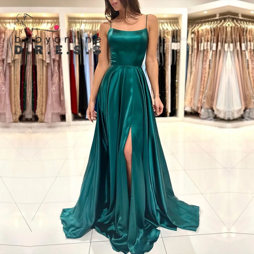 BABYONLINE Sexy Bridesmaid Dress Soft Sikly-Satin A-line Gown with Strappy Lace-Up Back and Hih-Slit Floor Length Gown for Weddi