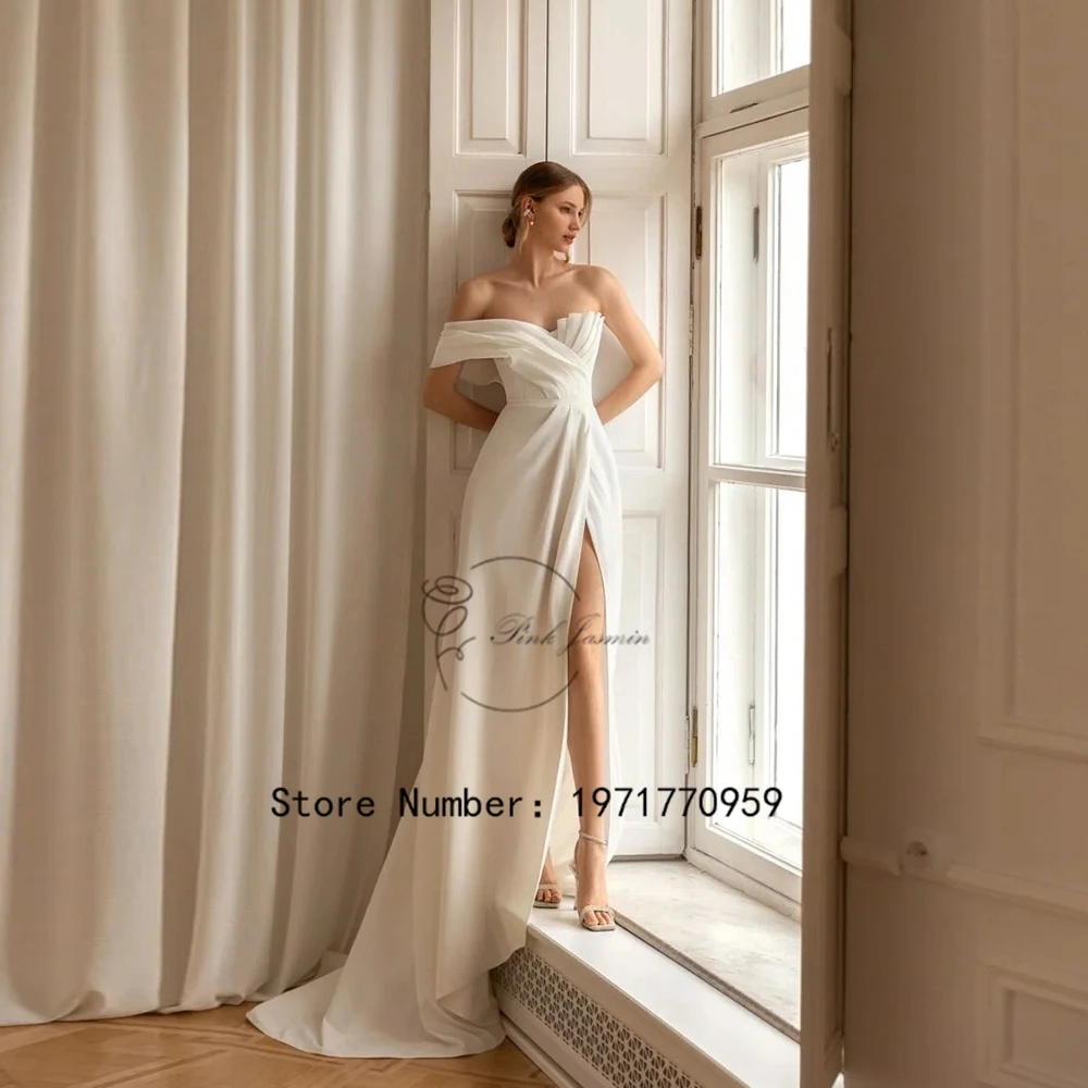 

Ivory High Slit Off Shoulder Wedding Dress Bride Dresses Court Train Simple A Line Zipper Back Wedding Gown Vestido De Noche