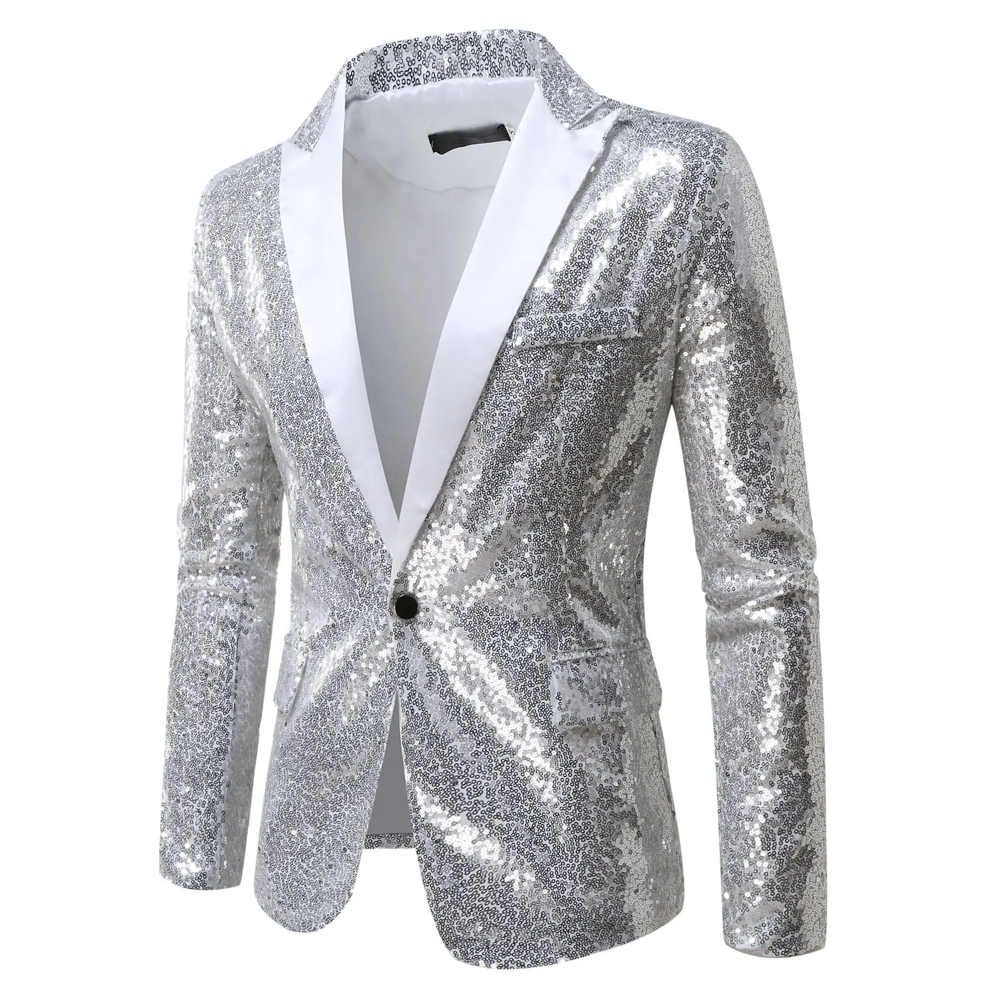 Shiny Sequin Suit Jacket Men\'s Stage Performance Coat White Silver Blue Red Purple Blazers V-neck Single Button 25216395