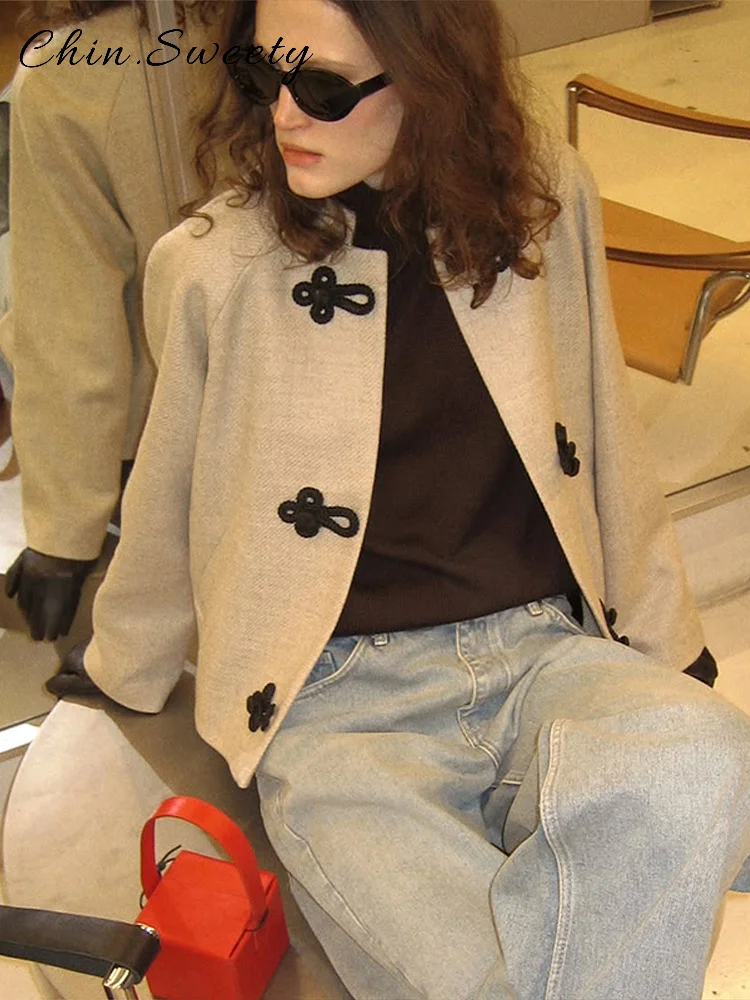 Casual Rope Knot Single Breasted Jacket Women O-neck Full Sleeve Pockets Coat Female 2025 Autumn Lady New Chinese Style Outwear
