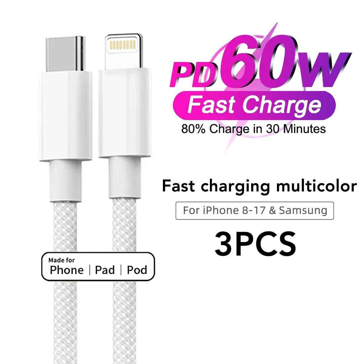 60W Fast Charging Nylon Braided USB-C to Type C Color Cable PD  For iPhone 13 14 Pro Max 11 12 XR XS Max Plus Samsung Data Sync