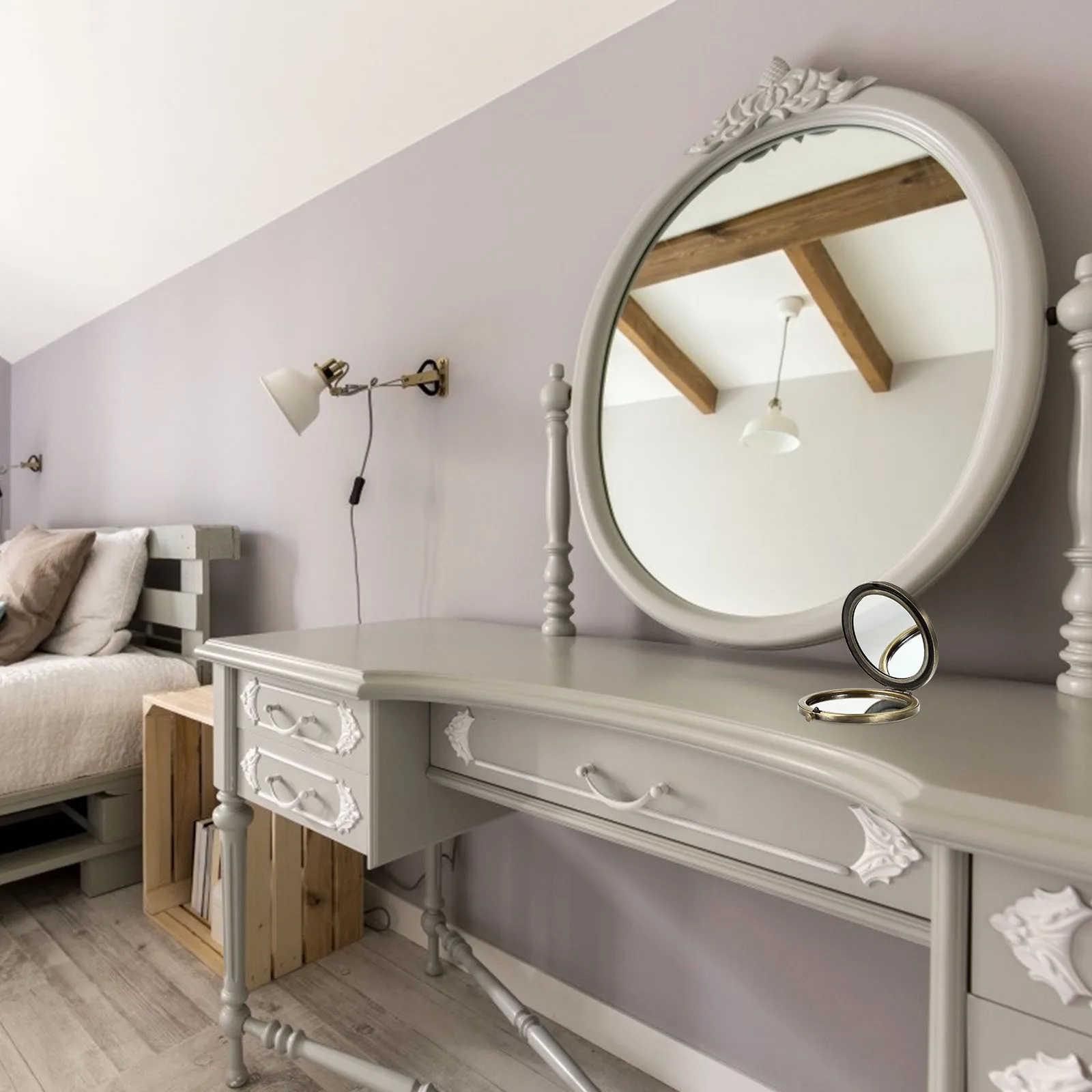 

Travel Small Round Compact Makeup Foldable Mirror Portable Wooden Metal Pocket Mirror Vintage Retro Design Women