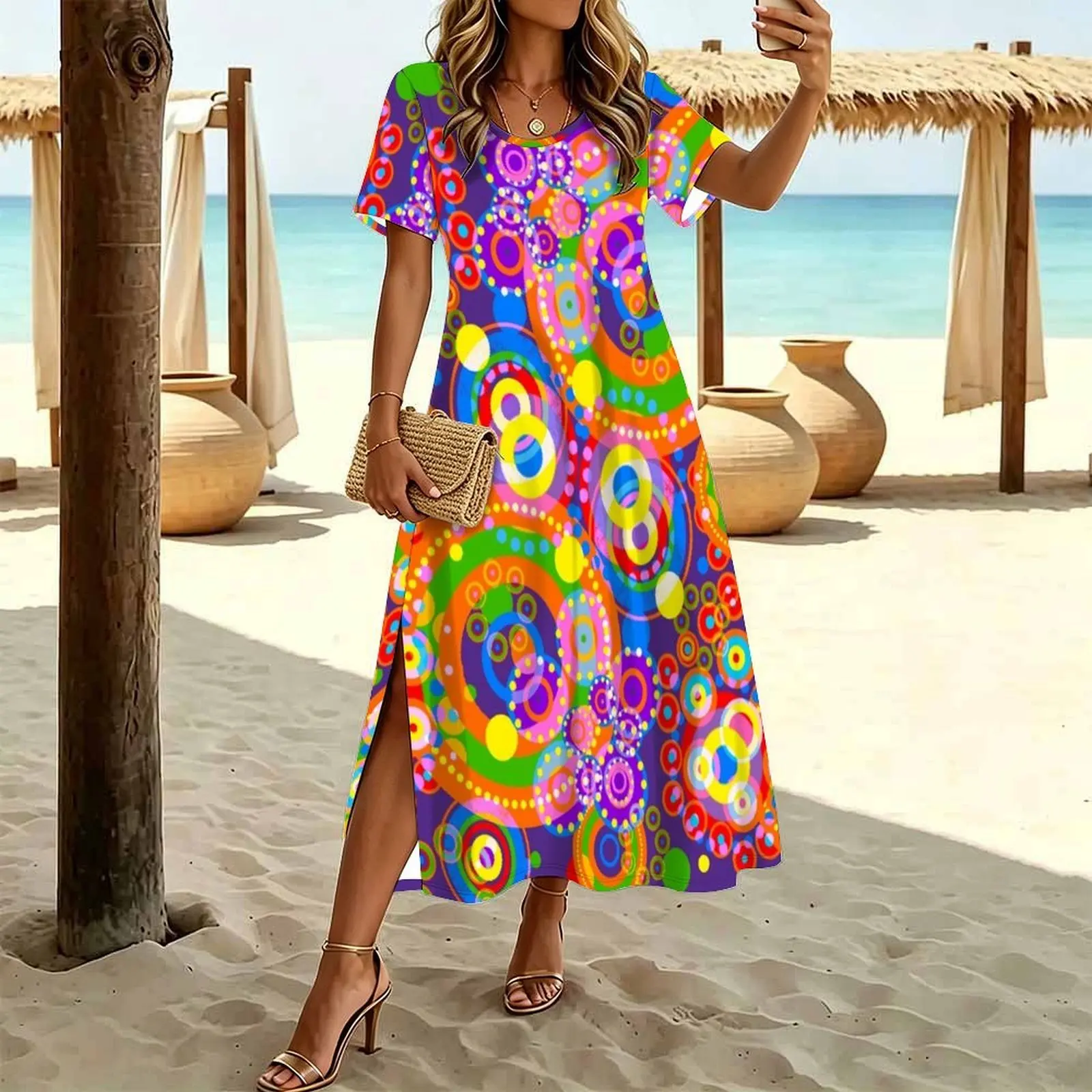 Psychedelic colorful trippy Circle Patterns Women's Round Neck Short Sleeve Split Long Dress