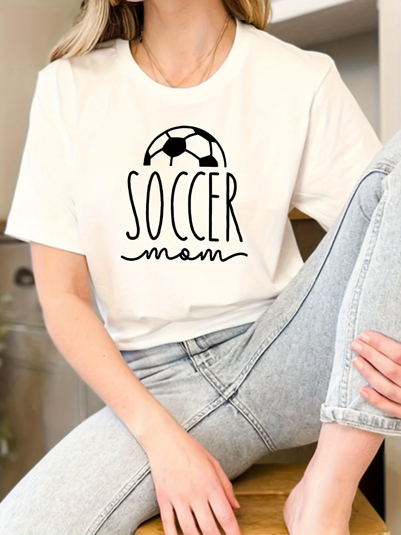 Soccer Graphic Short Sleeve T-shirt, Round Neck Casual Sports Tee, Women's Activewear