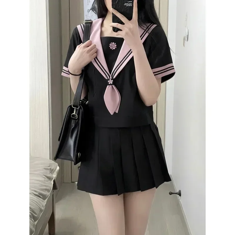 Jirai Kei uniforme escolar para mujer dulce traje de marinero blanco y negro Top de manga corta ropa de mujer conjunto de dos piezas nuevo verano 2025