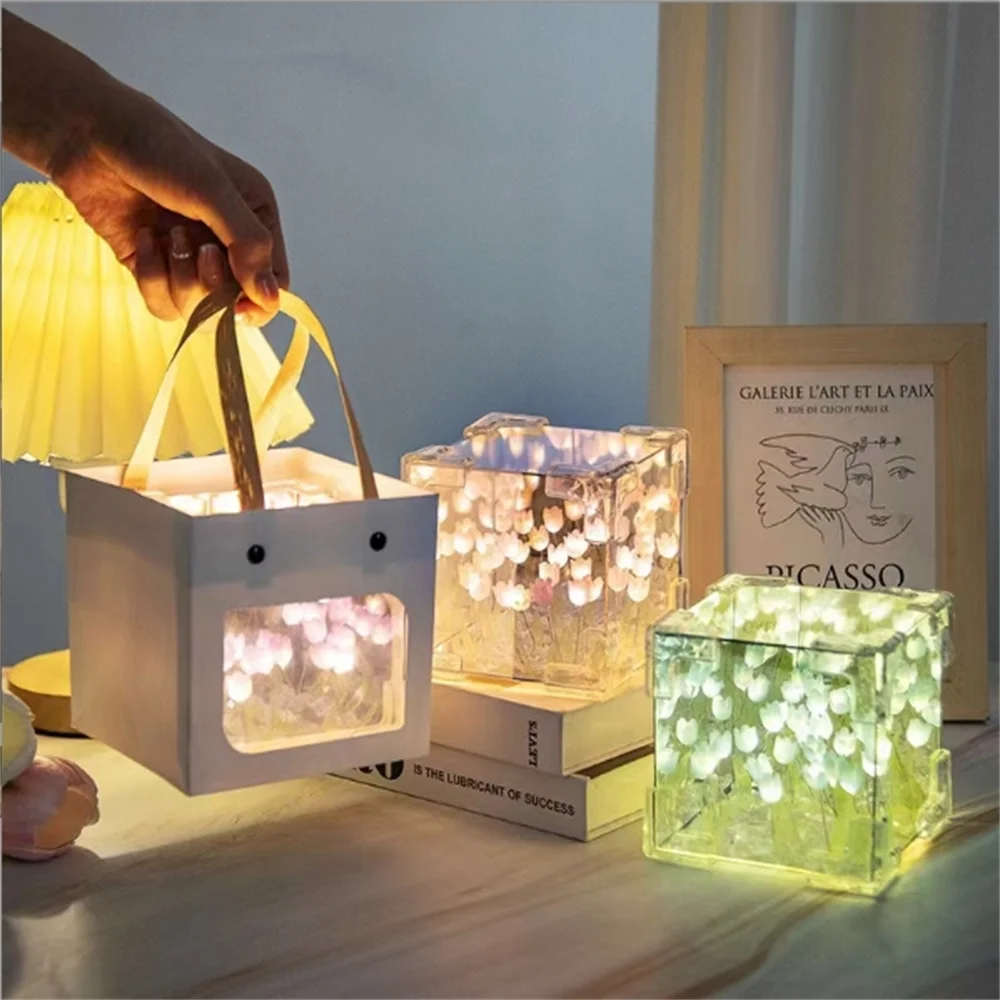 Creative Diy Tulip Flower Sea Cube Three-Dimensional Small Night Lamp Material Package for Girlfriend Couple Girlfriends