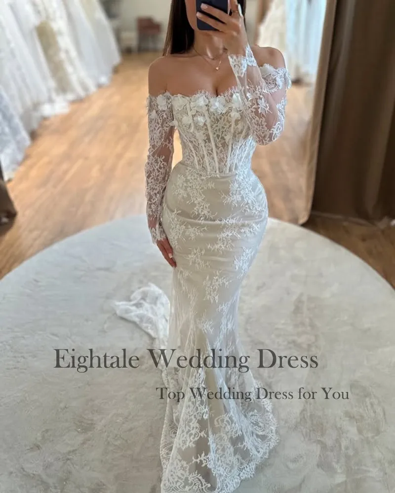 Eightale Boho Wedding Dress Customized Lace 3D Flowers Strapless Long Sleeves White Ivory Mermaid Bridal Gown Vestido De Noiva
