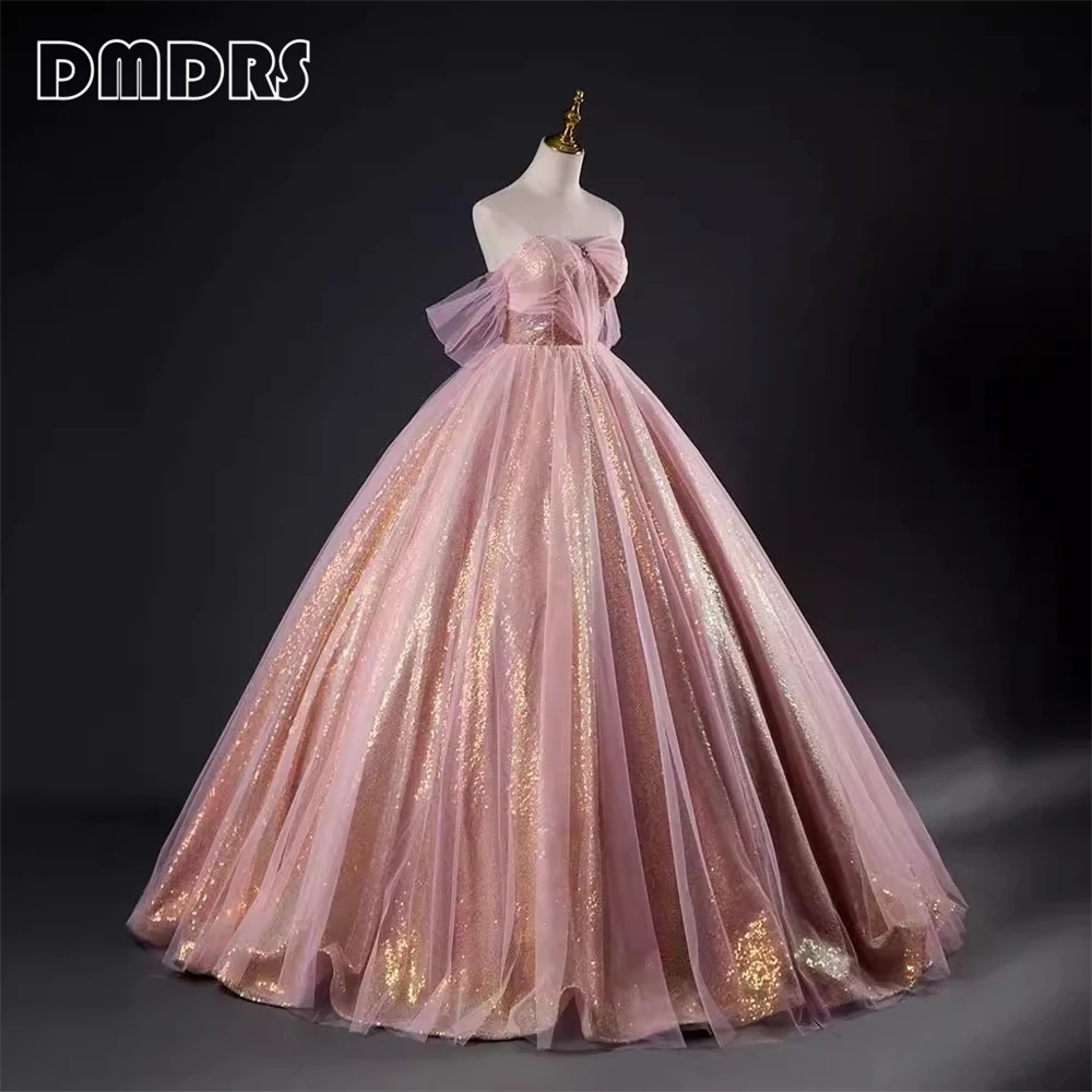 Pink Sequins Ball Gown Prom Dress with Tulle Off Shoulder Formal Dresses for Women Lace-up Back Sweet 15 16 Dresses Sparkle Gown