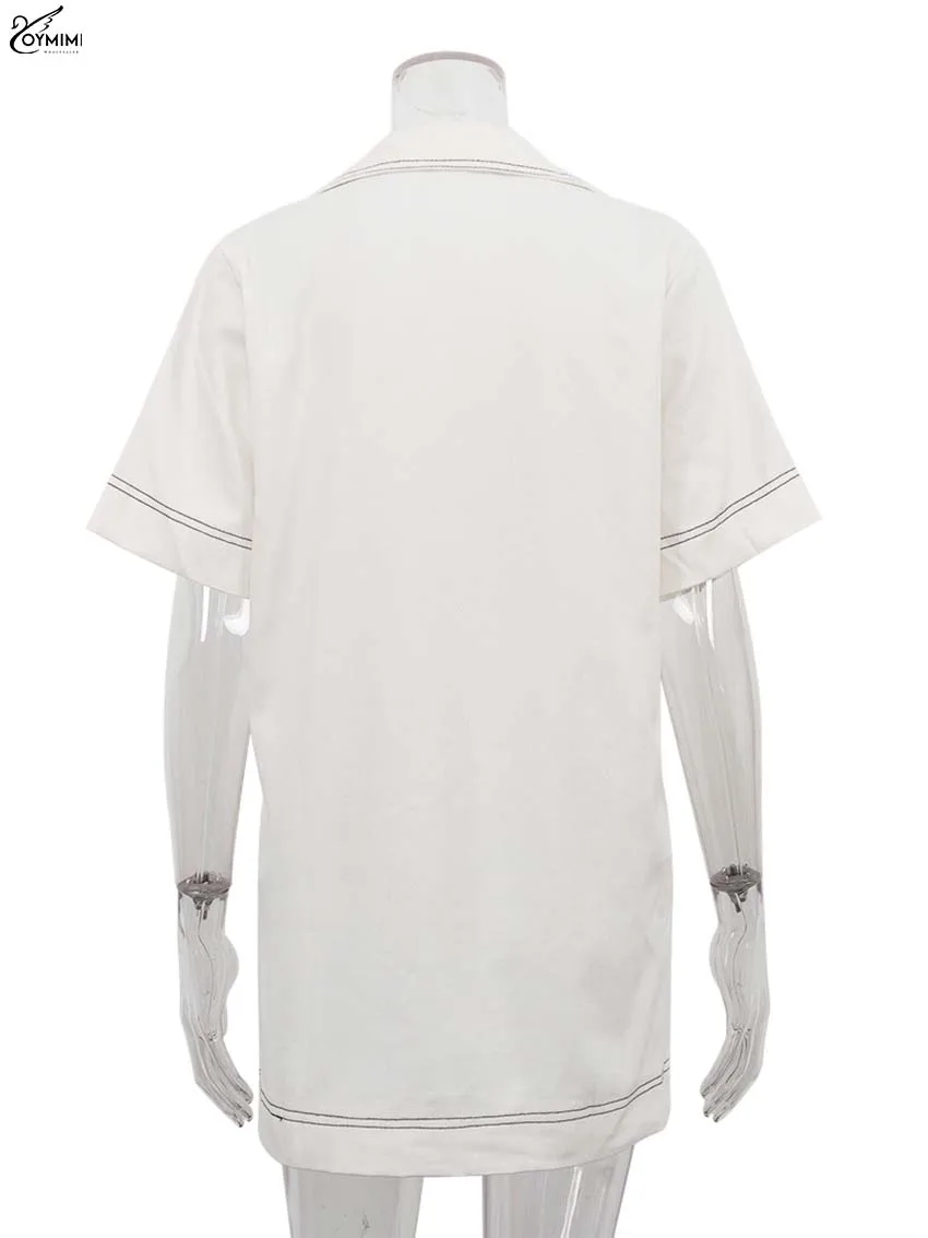 Oymimi Casual White Cotton Women's Dress Elegant Turn-Down Collar Half Sleeve Dresses Summer Pockets Straight Mini Dress Female